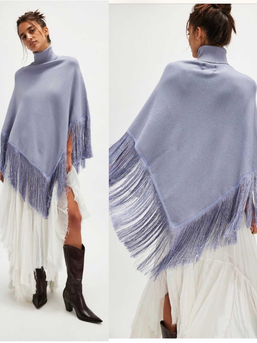 Free People x Understated Leather River walk Purple Fringe Poncho M/L - Picture 2 of 10